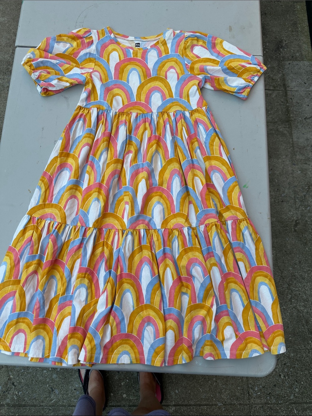 Tea Collection Rainbow Arch Puff-Sleeve Dress - Yellow, Pink & Blue